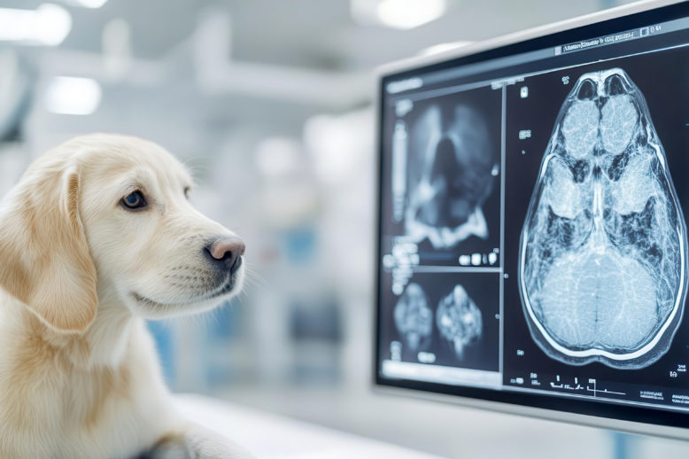 Closeup of a digital screen displaying a pet s CT scan in a clinic, advanced diagnostic imaging, detailed health assessment
